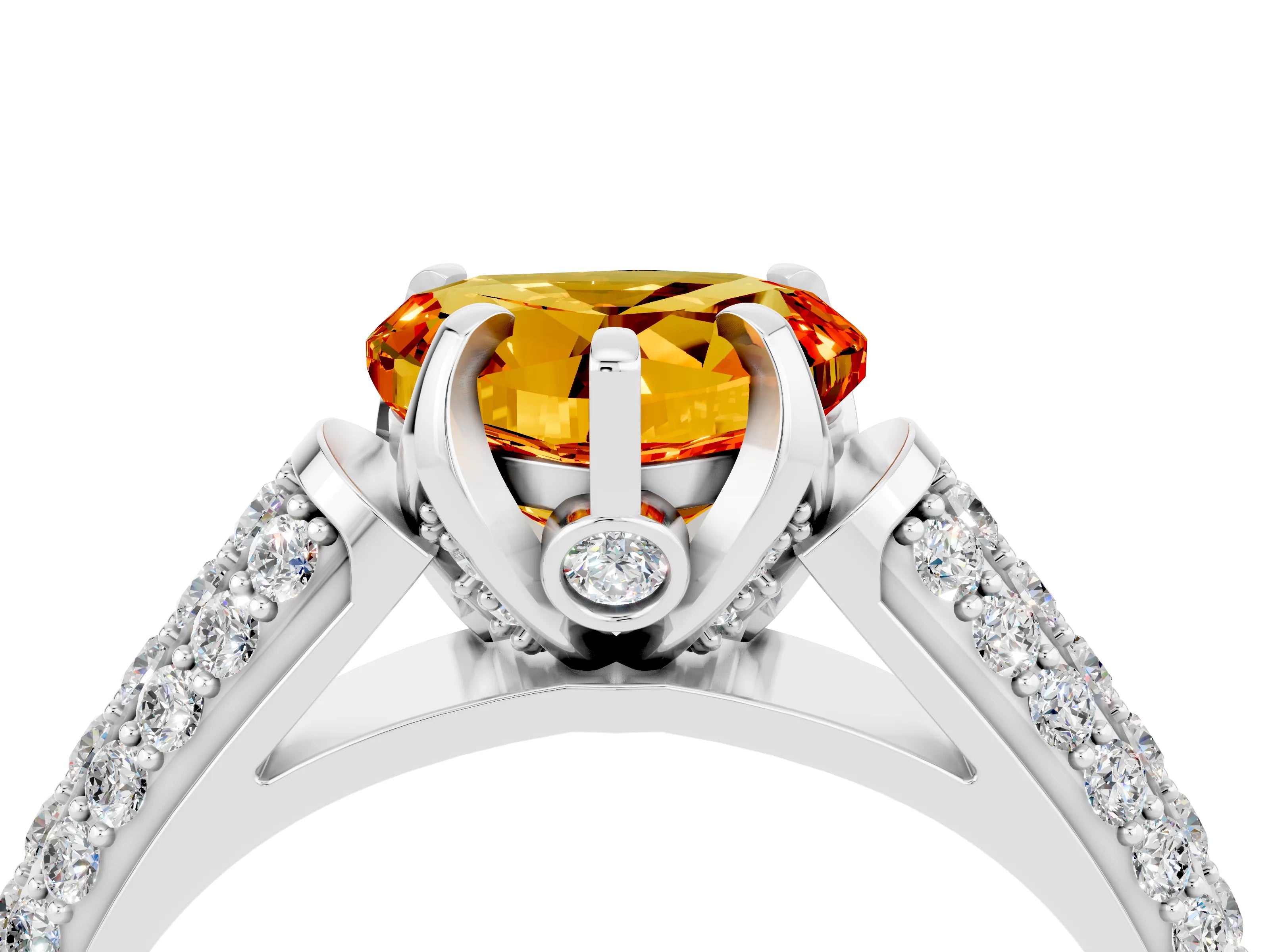 White gold Heart Cut Citrine Solitaire Ring with Three-Row Pavé Band and Four-Prong Setting_16