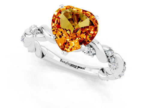 White gold Heart Cut Citrine Solitaire Ring with Twisted Band and Pavé Accents_1