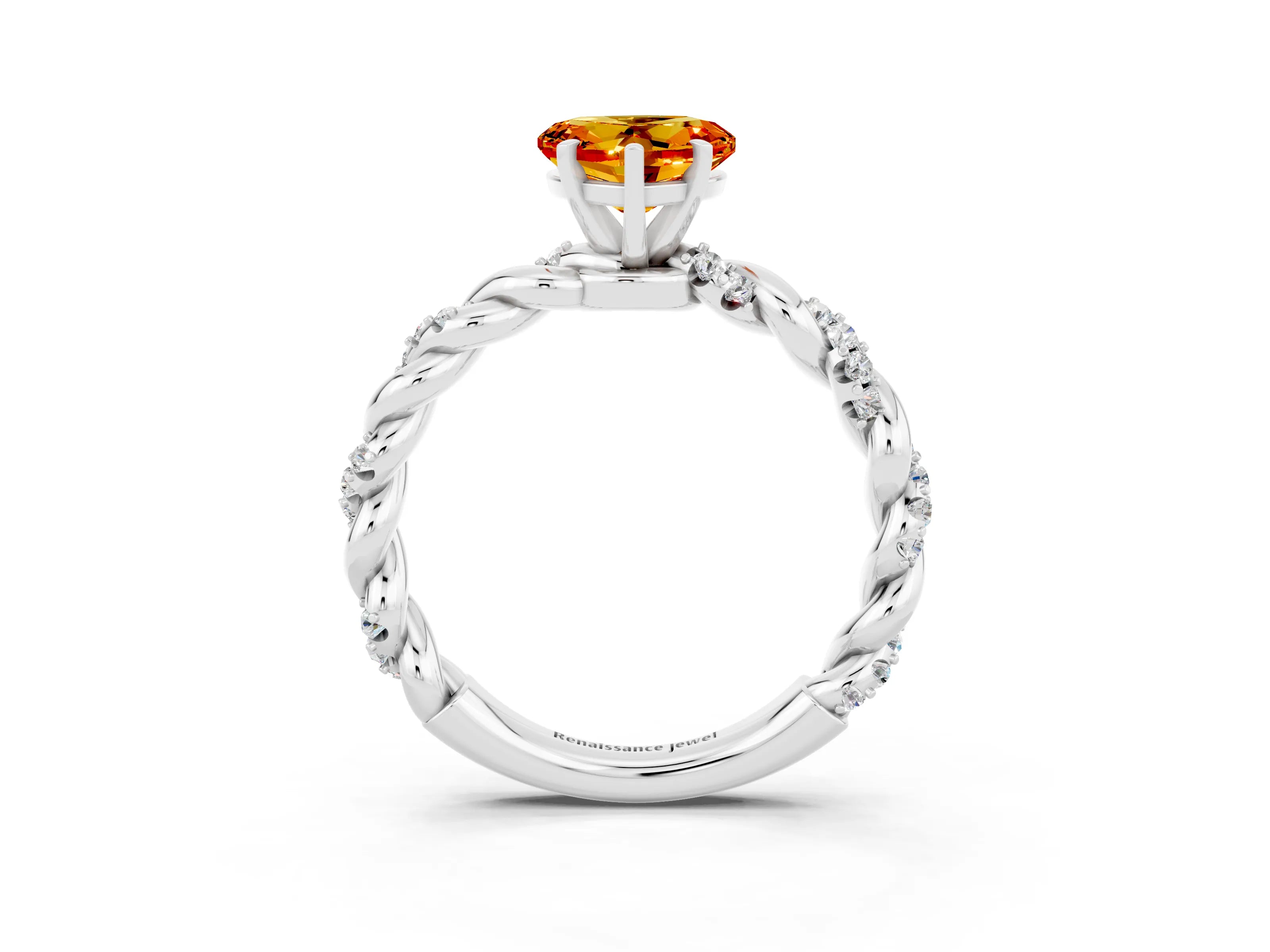 White gold Heart Cut Citrine Solitaire Ring with Twisted Band and Pavé Accents_3
