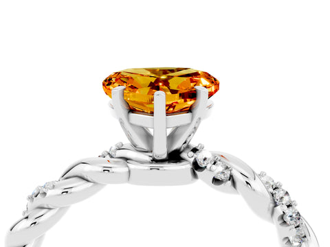 White gold Heart Cut Citrine Solitaire Ring with Twisted Band and Pavé Accents_4