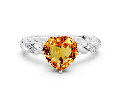 White gold Heart Cut Citrine Solitaire Ring with Twisted Band and Pavé Accents