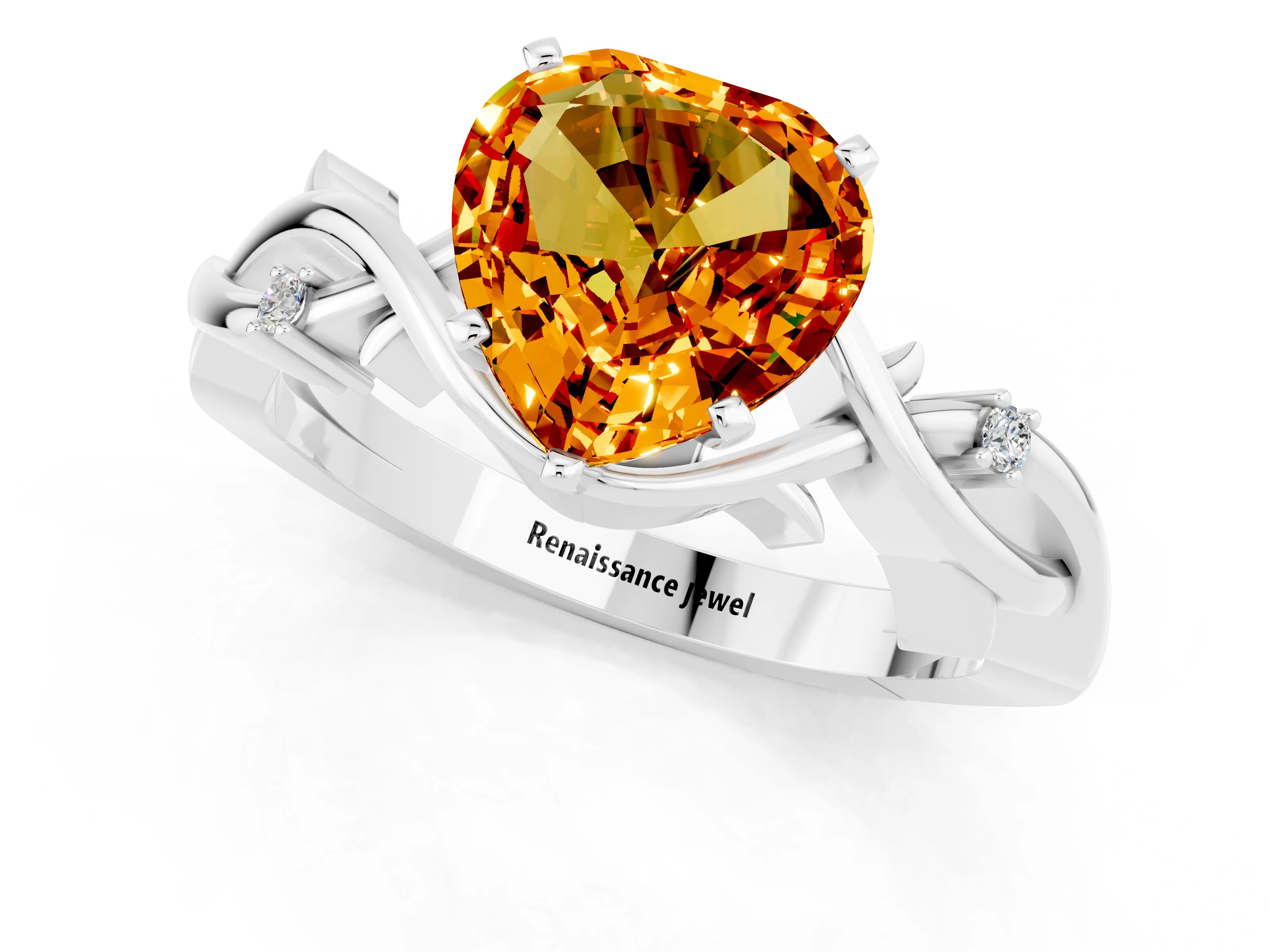 White gold Heart Cut Citrine Solitaire Ring with Twisted Band and Prong Setting_1