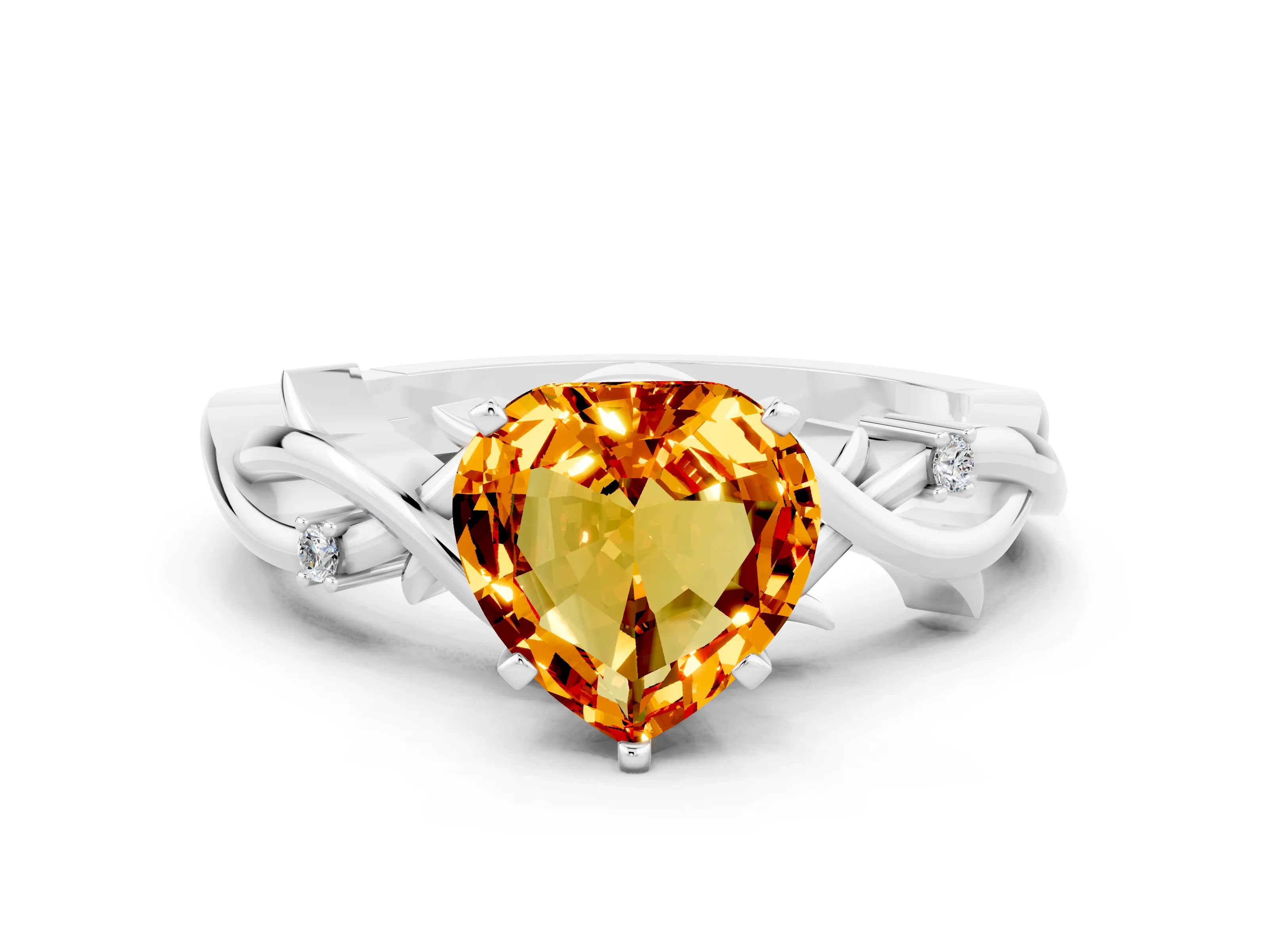 White gold Heart Cut Citrine Solitaire Ring with Twisted Band and Prong Setting_12