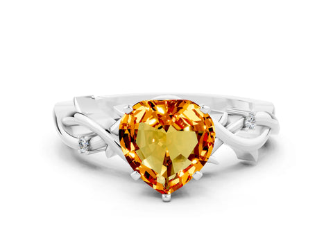White gold Heart Cut Citrine Solitaire Ring with Twisted Band and Prong Setting_12