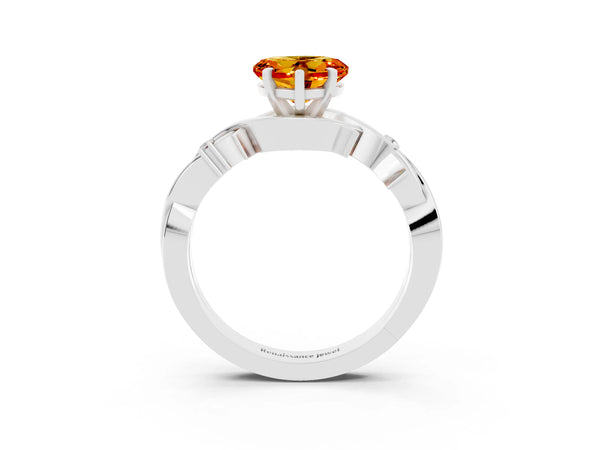 White gold Heart Cut Citrine Solitaire Ring with Twisted Band and Prong Setting