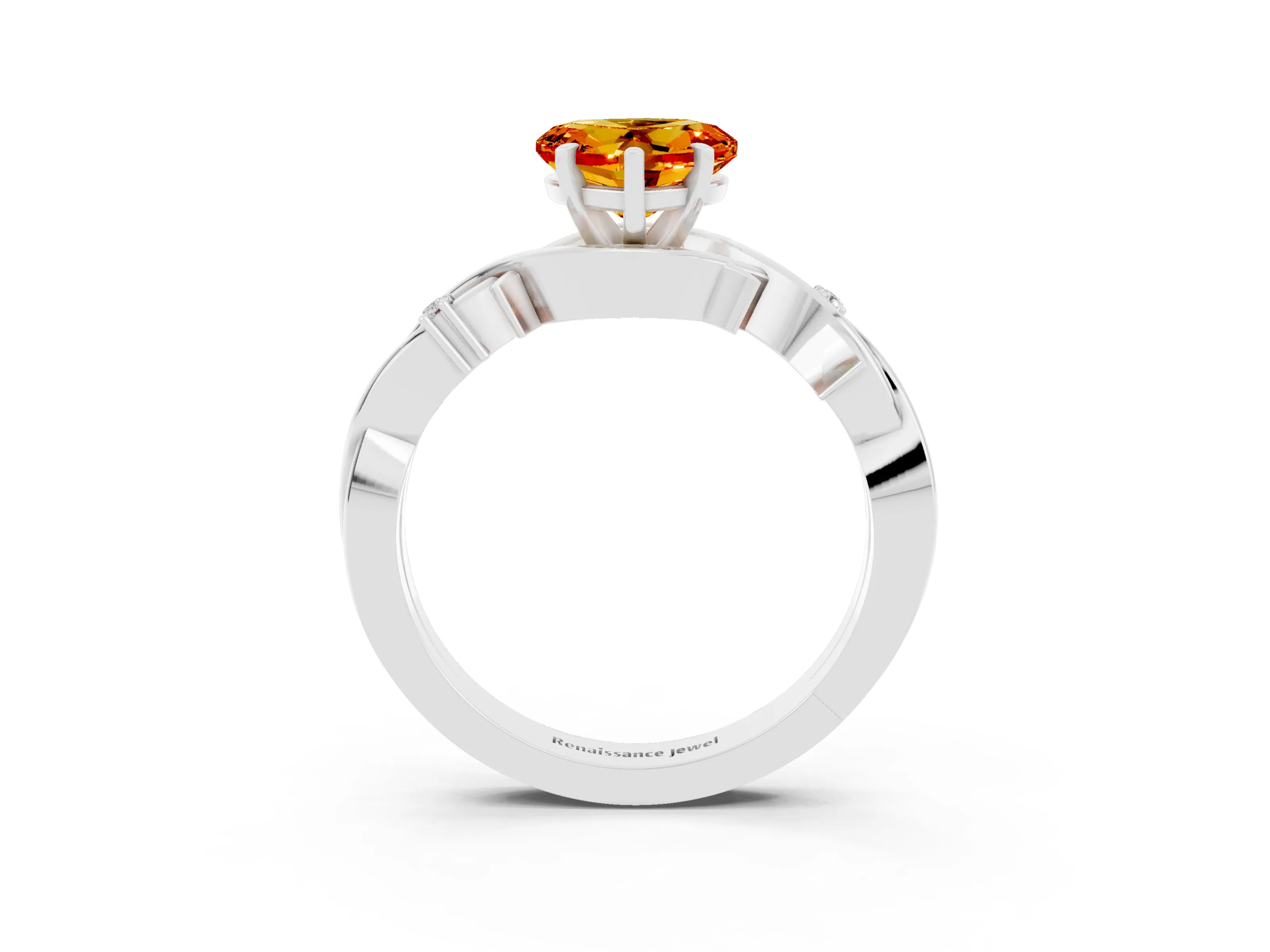 White gold Heart Cut Citrine Solitaire Ring with Twisted Band and Prong Setting_3