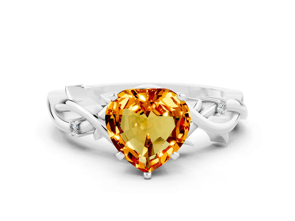 Silver Heart Cut Citrine Solitaire Ring with Twisted Band and Prong Setting