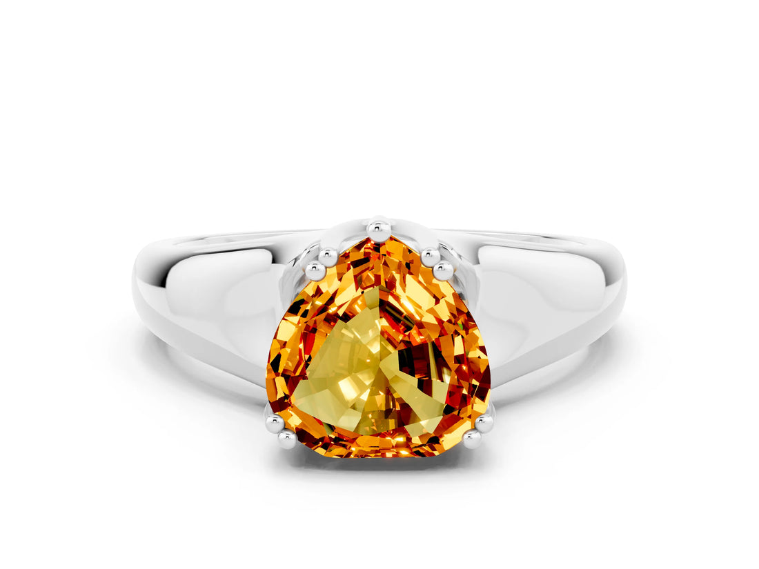 White gold Heart Cut Citrine Solitaire Ring with Wide Band and Prong Setting