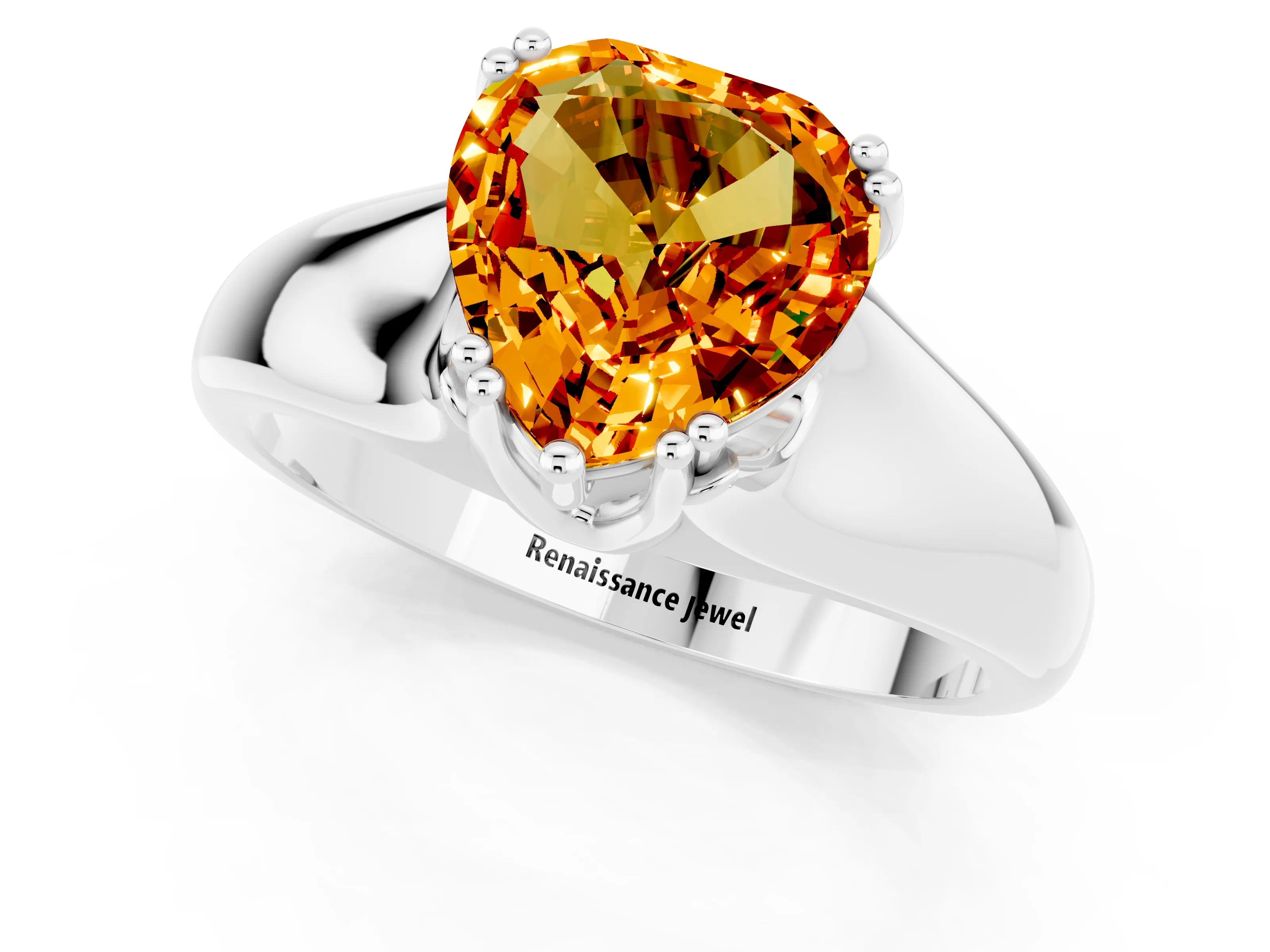 White gold Heart Cut Citrine Solitaire Ring with Wide Band and Prong Setting_1