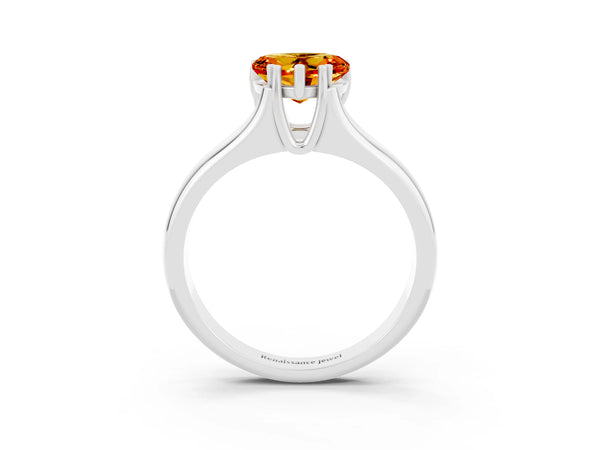 Platinum Heart Cut Citrine Solitaire Ring with Wide Band and Prong Setting