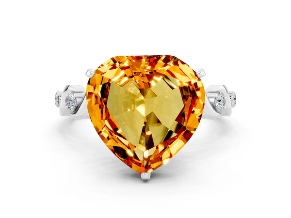 Silver Heart Cut Citrine Solitaire Twisted Band with Round  Accents and Prong Setting
