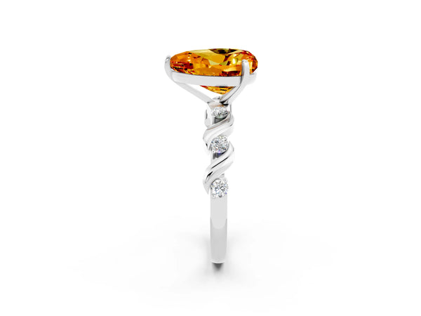 Platinum Heart Cut Citrine Solitaire Twisted Band with Round  Accents and Prong Setting