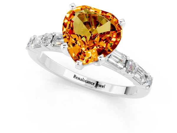 Silver Heart Cut Citrine Solitaire with Side Baguettes and Channel Set Band
