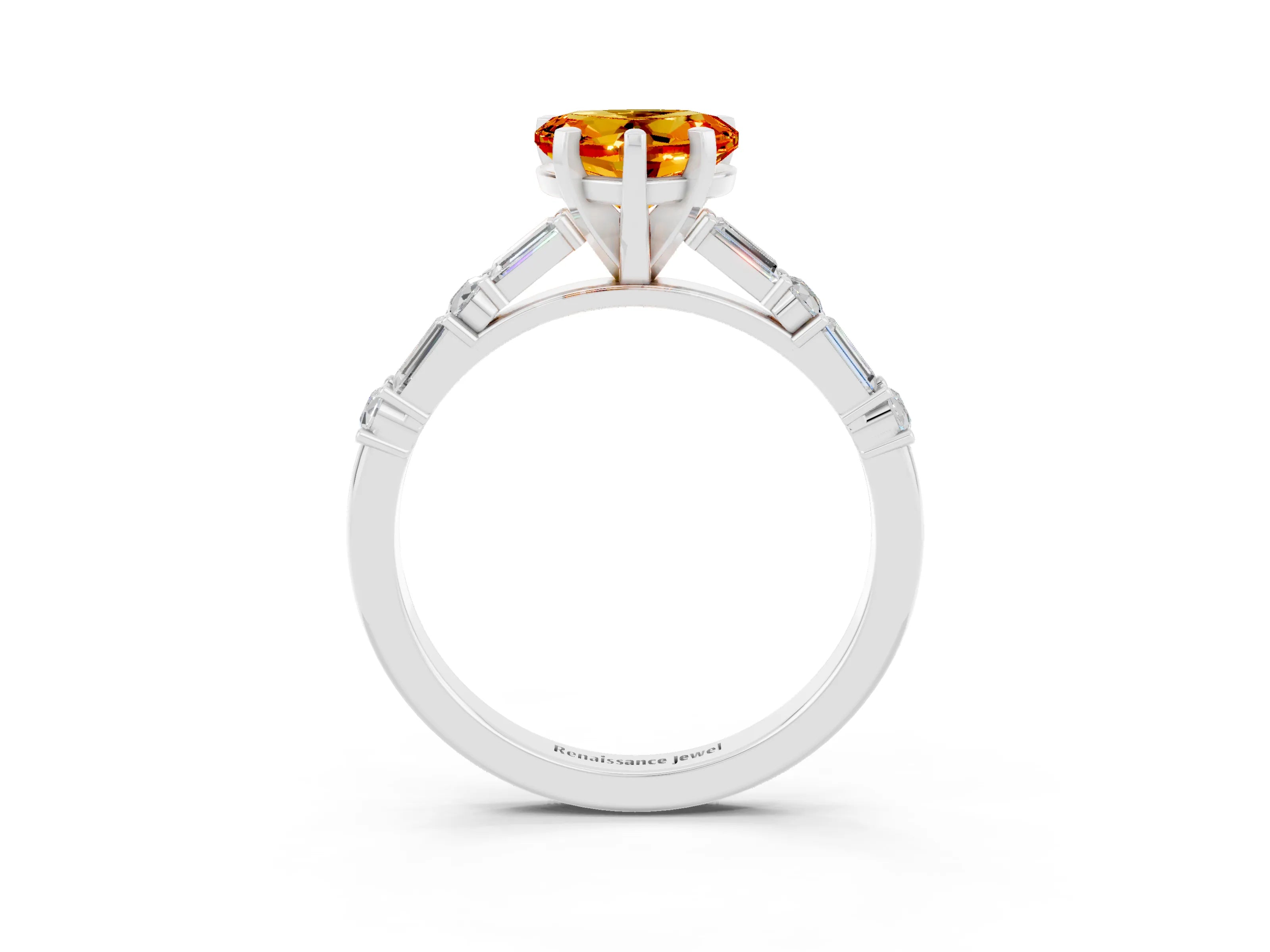 White gold Heart Cut Citrine Solitaire with Side Baguettes and Channel Set Band_3