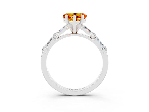 White gold Heart Cut Citrine Solitaire with Side Baguettes and Channel Set Band