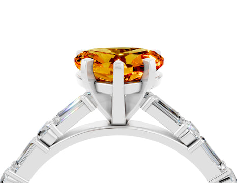 White gold Heart Cut Citrine Solitaire with Side Baguettes and Channel Set Band_4