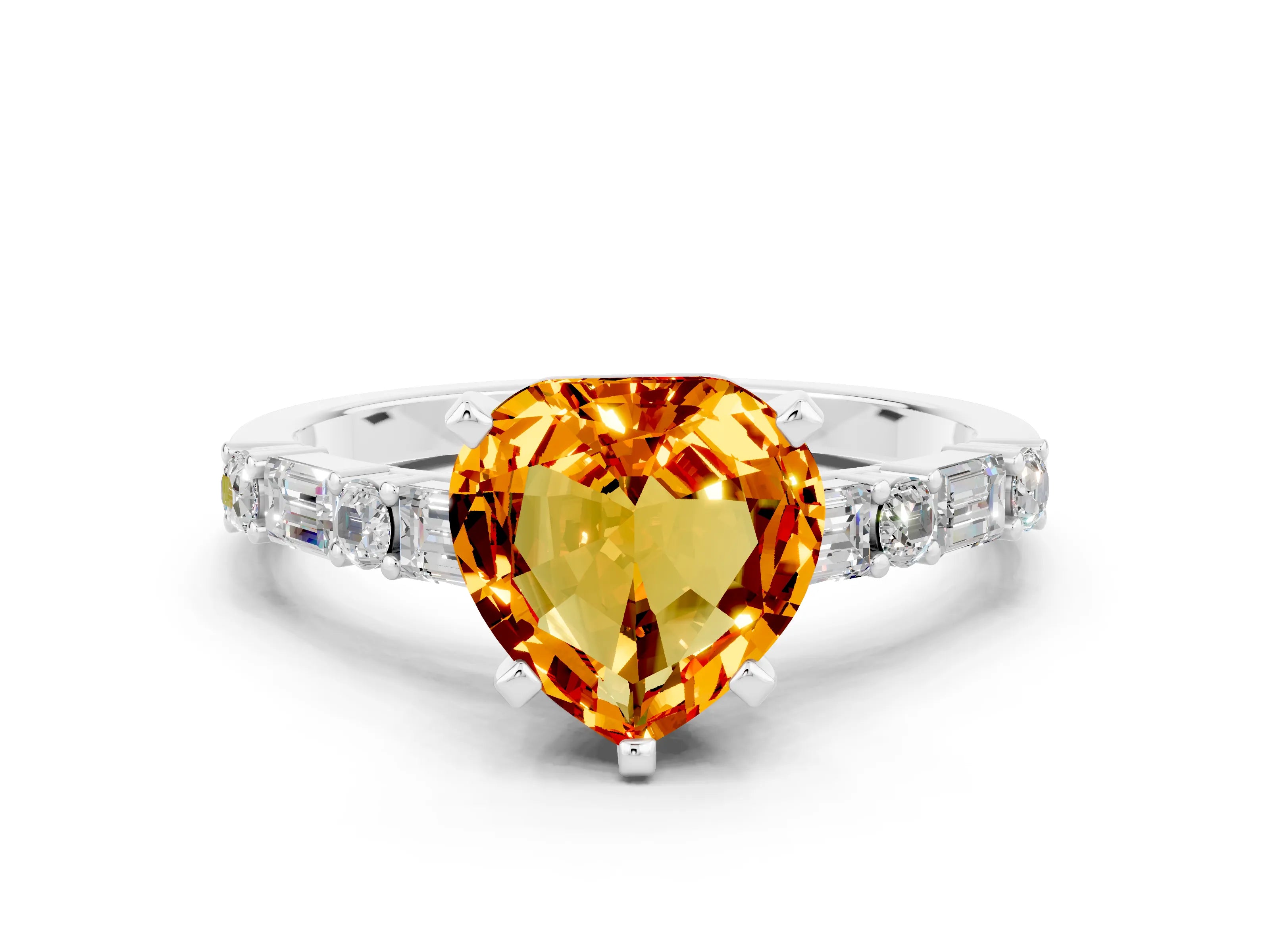 White gold Heart Cut Citrine Solitaire with Side Baguettes and Channel Set Band