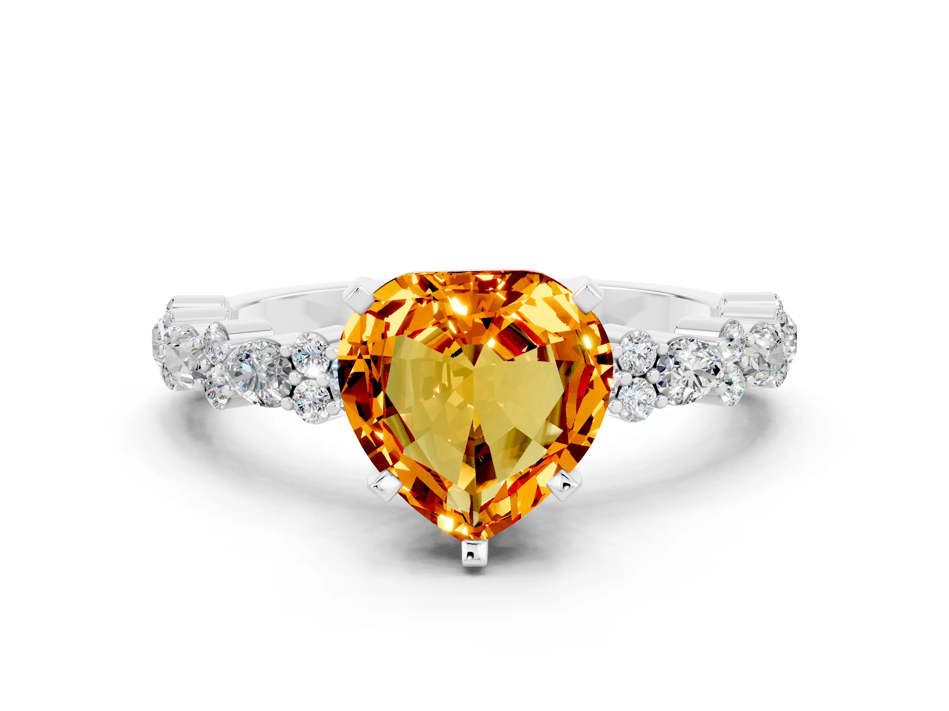 White gold Heart Cut Citrine Solitaire with Side Stones, Pave Band, Four-Prong Setting_36