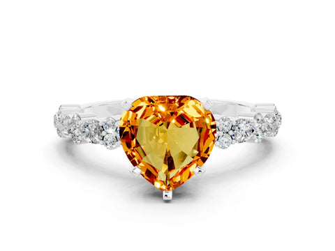 White gold Heart Cut Citrine Solitaire with Side Stones, Pave Band, Four-Prong Setting_36