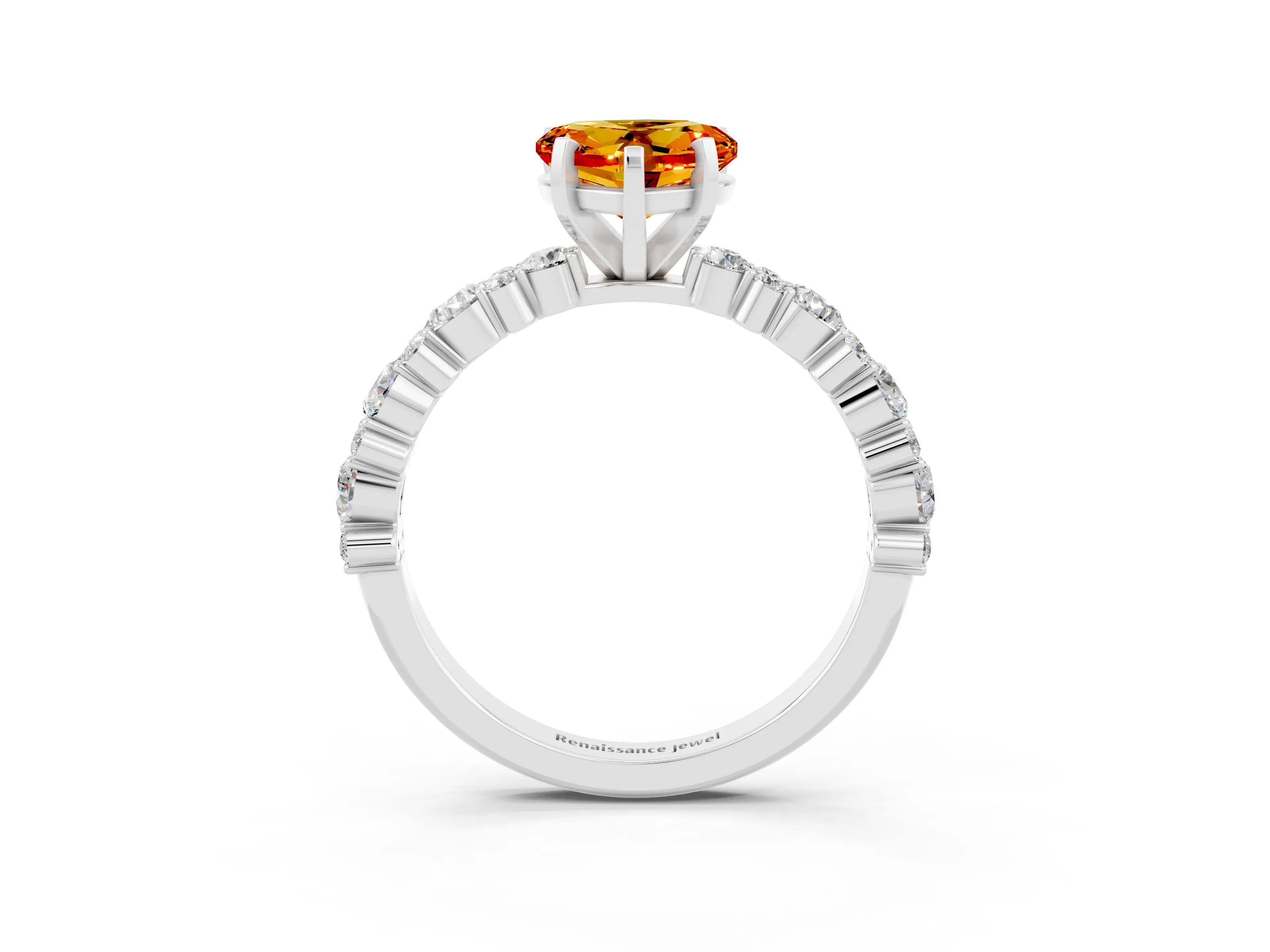 White gold Heart Cut Citrine Solitaire with Side Stones, Pave Band, Four-Prong Setting_39