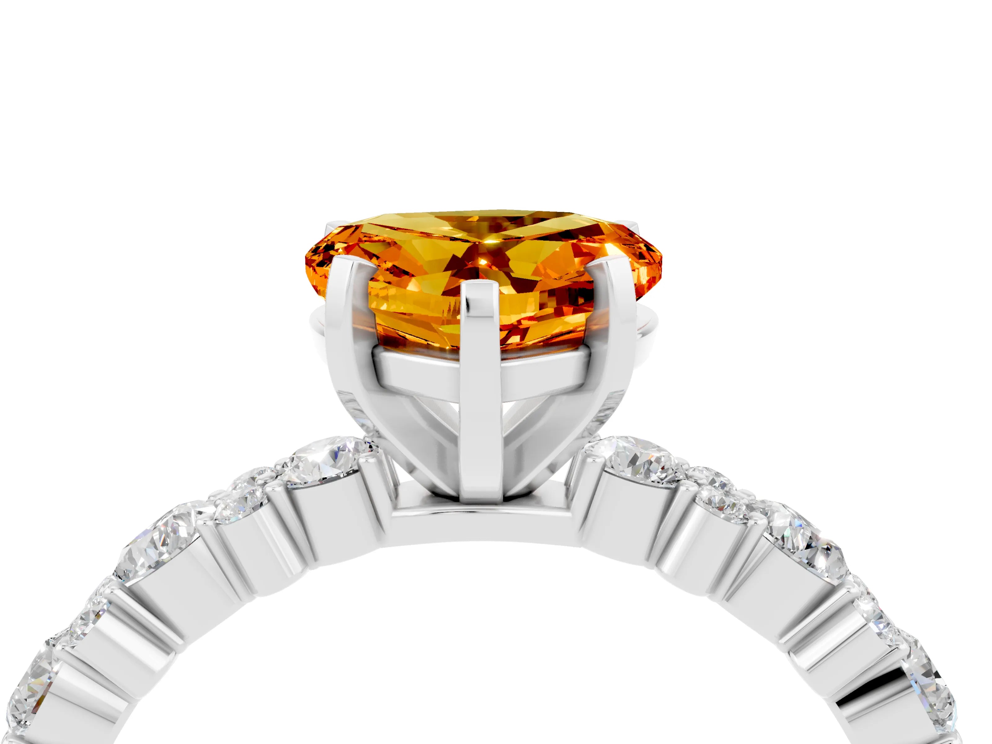 White gold Heart Cut Citrine Solitaire with Side Stones, Pave Band, Four-Prong Setting_40