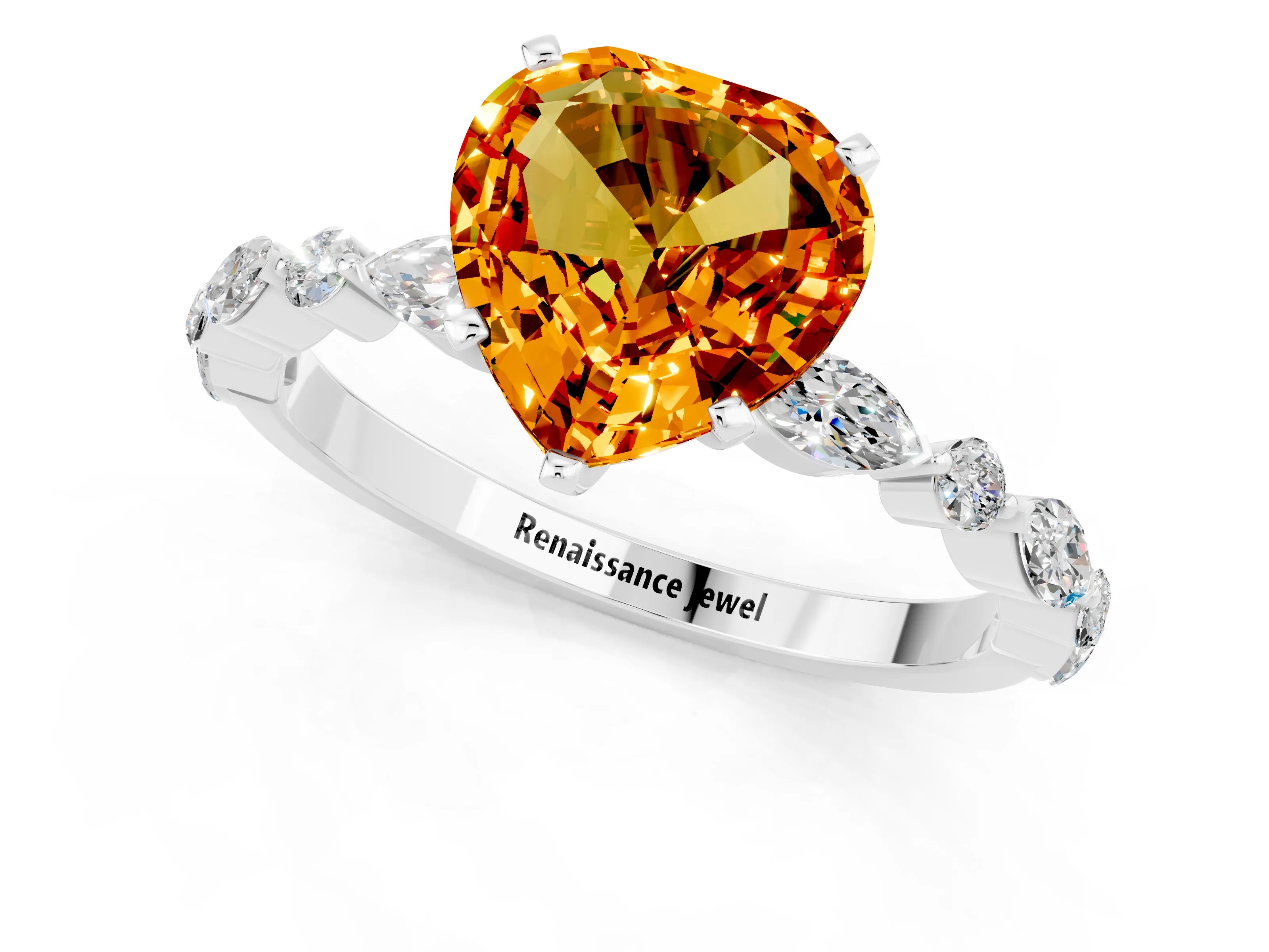 White gold Heart Cut Citrine Solitaire with Side Stones on a Pavé Band and Four-Prong Setting_1