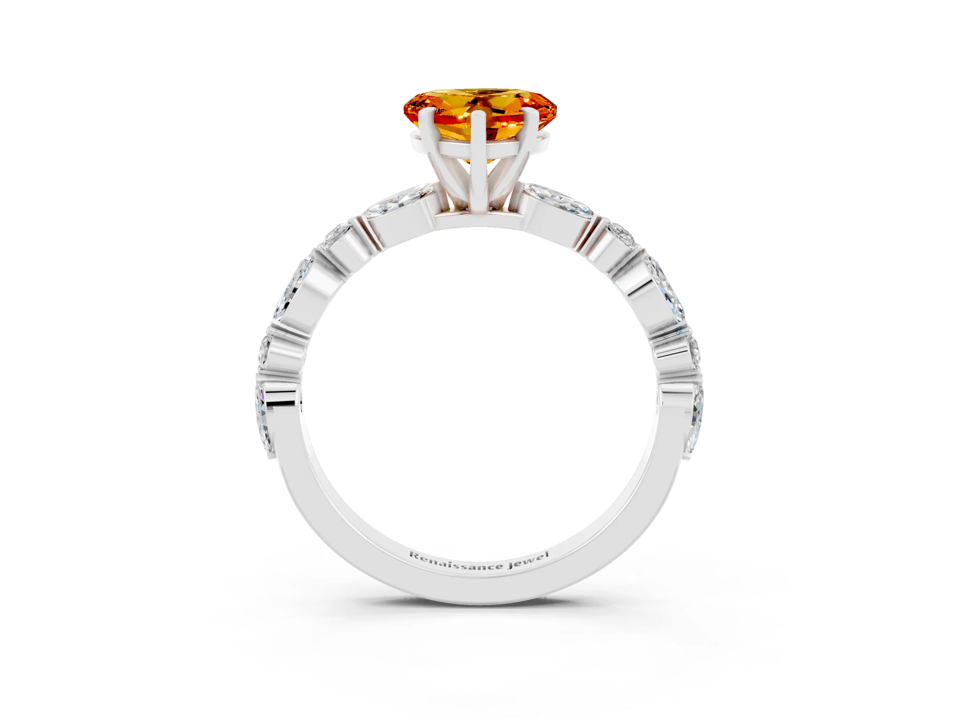 White gold Heart Cut Citrine Solitaire with Side Stones on a Pavé Band and Four-Prong Setting_3