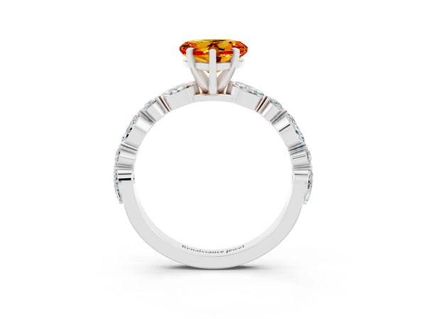 Silver Heart Cut Citrine Ring with Marquise and Round  Side Stones and Four-Prong Setting