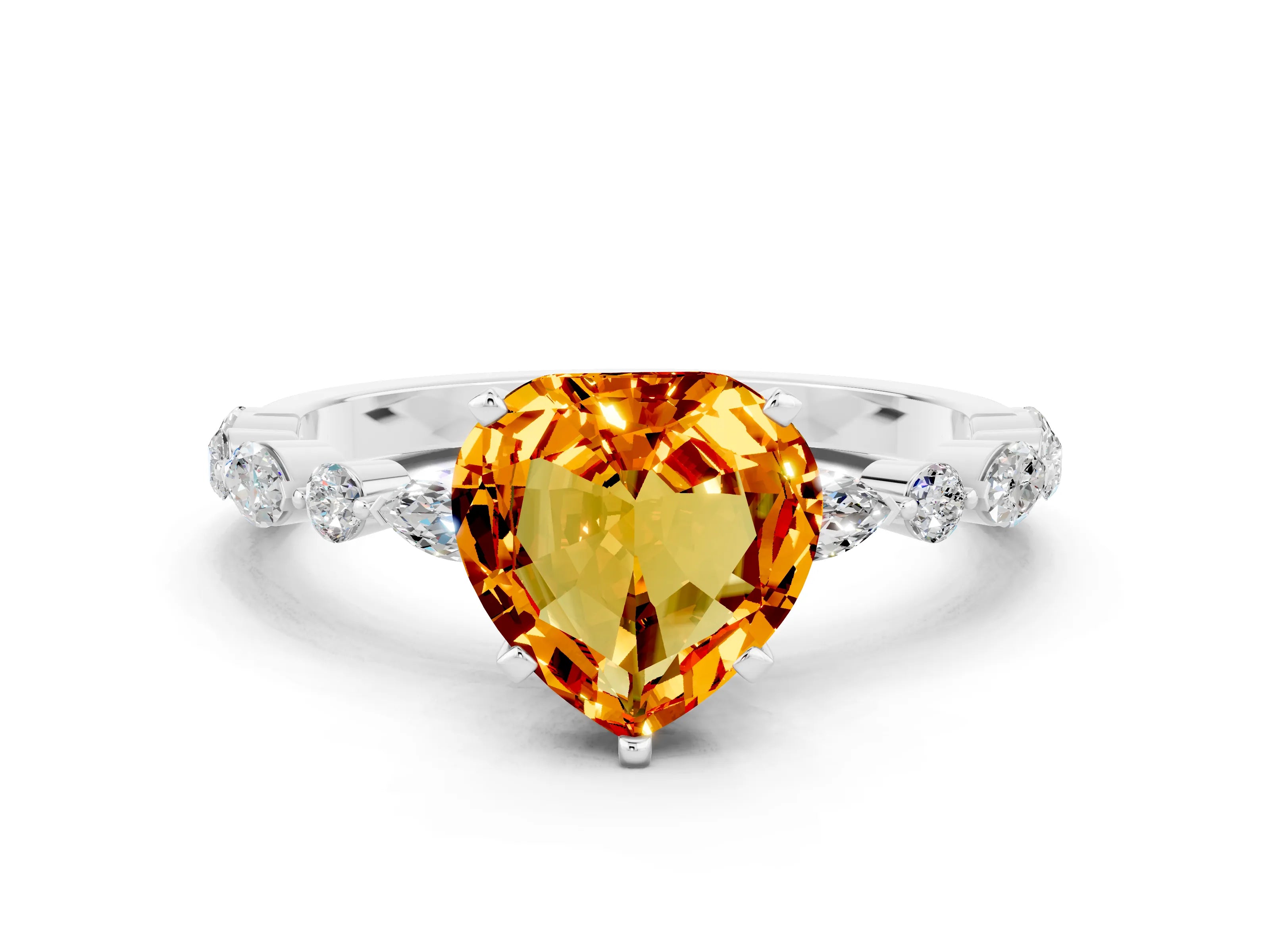 White gold Heart Cut Citrine Solitaire with Side Stones on a Pavé Band and Four-Prong Setting