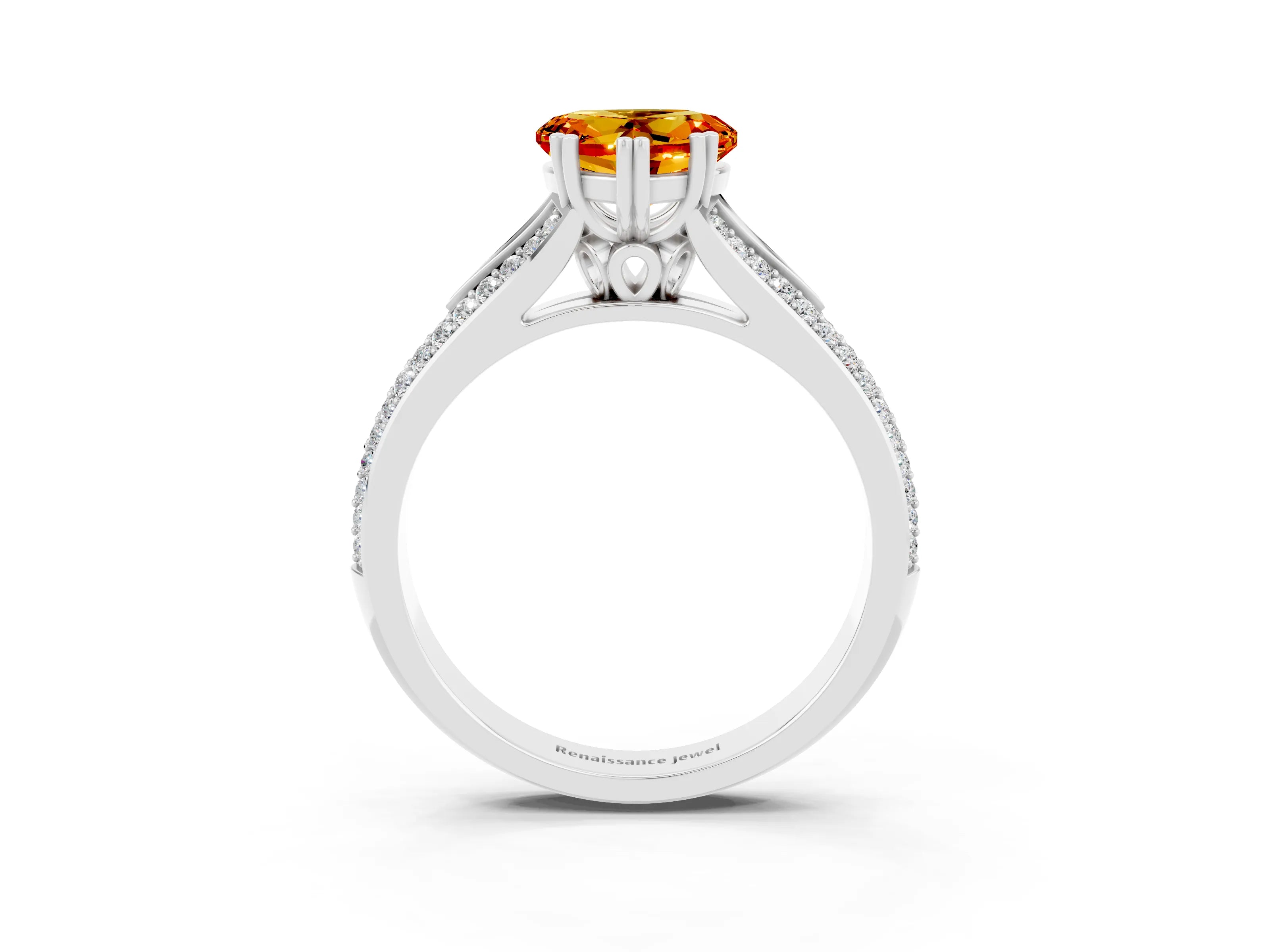 White gold Heart Cut Citrine Split Shank Engagement Ring with Pavé Band_3
