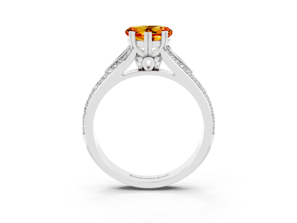 Silver Heart Cut Citrine Split Shank Engagement Ring with Pavé Band