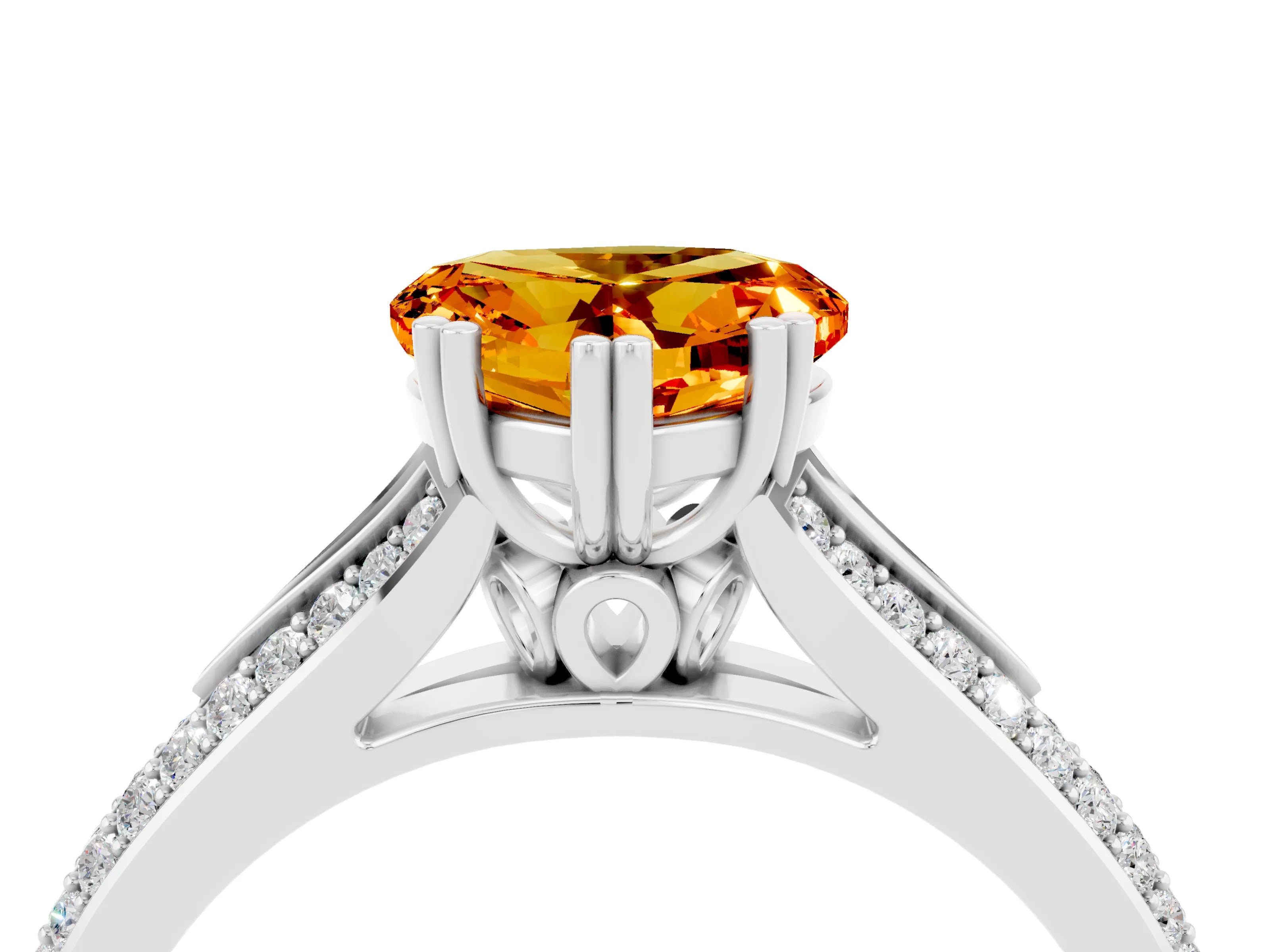 White gold Heart Cut Citrine Split Shank Engagement Ring with Pavé Band_4