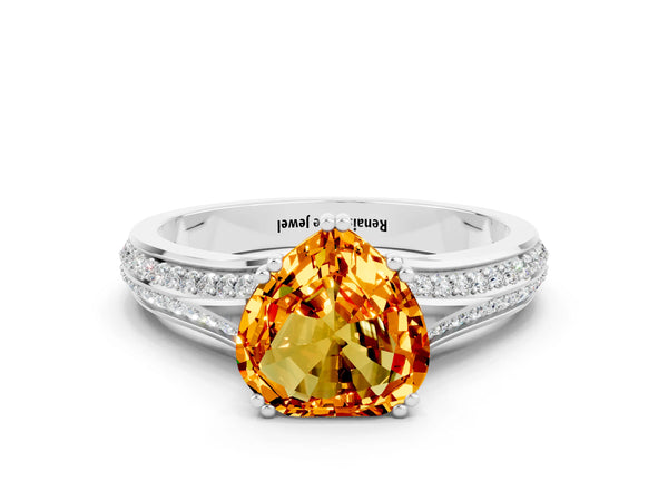 White gold Heart Cut Citrine Split Shank Engagement Ring with Pavé Band