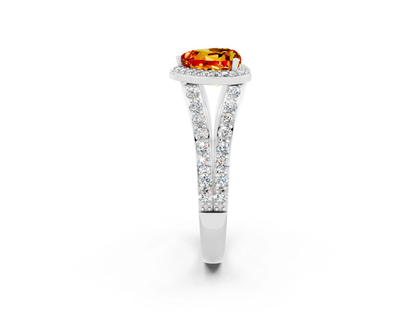 Silver Heart Cut Citrine Split Shank Halo Ring with Four-Prong Setting