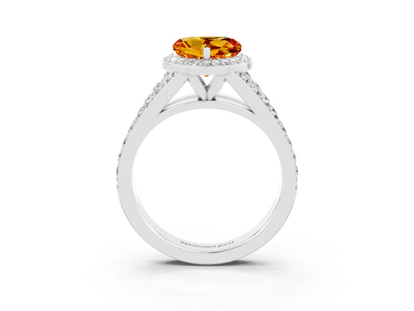 Silver Heart Cut Citrine Split Shank Halo Ring with Four-Prong Setting