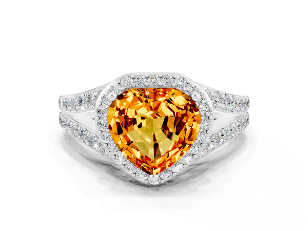 White gold Heart Cut Citrine Split Shank Halo Ring with Four-Prong Setting