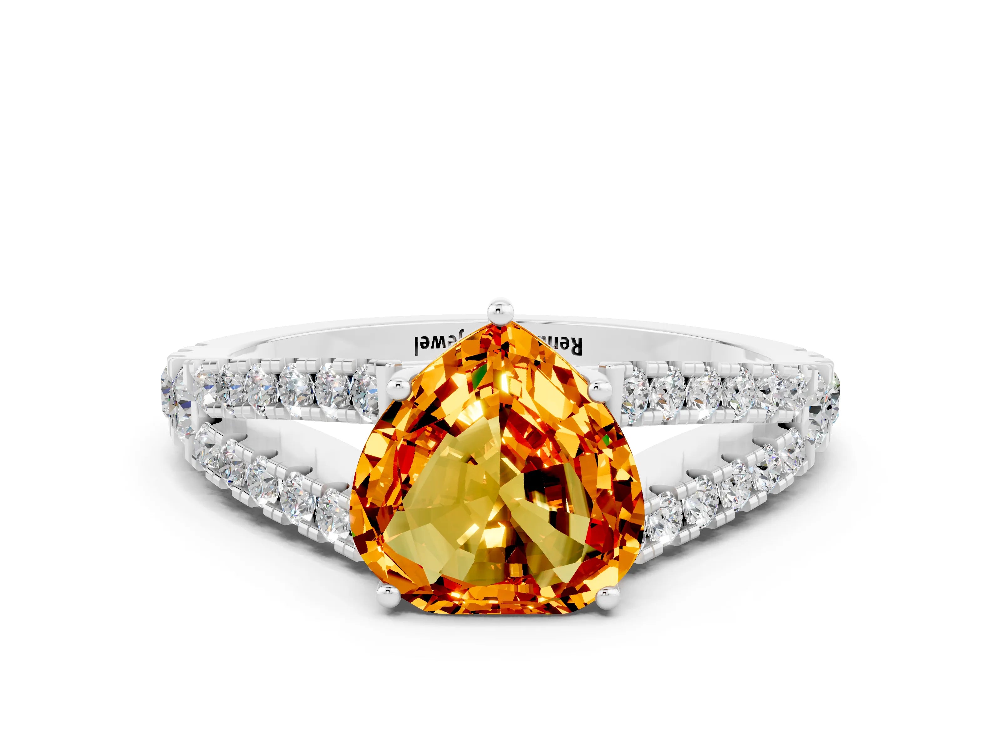 White gold Heart Cut Citrine Split Shank Pavé Engagement Ring with Four-Prong Setting_12
