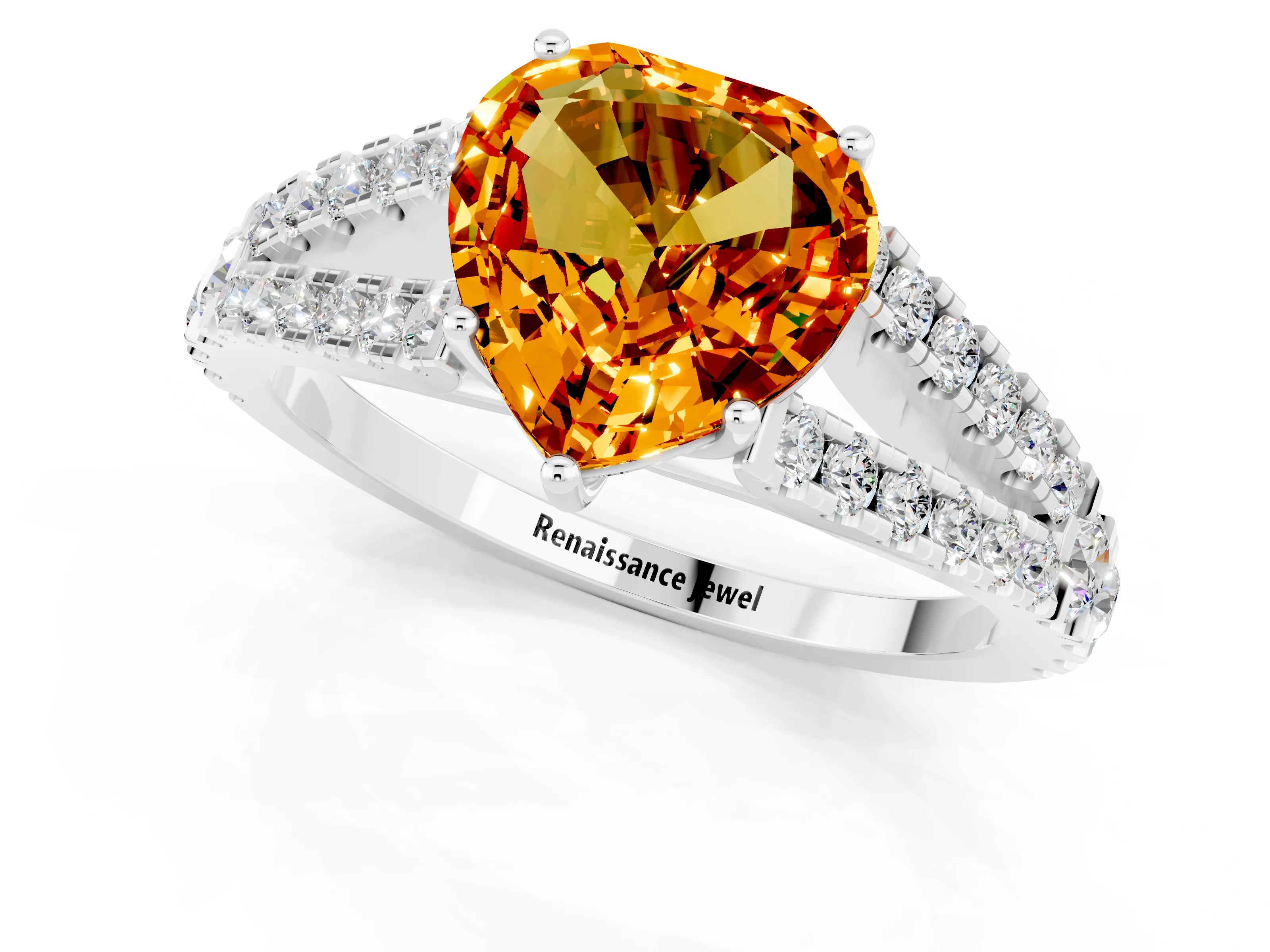 White gold Heart Cut Citrine Split Shank Pavé Engagement Ring with Four-Prong Setting_13