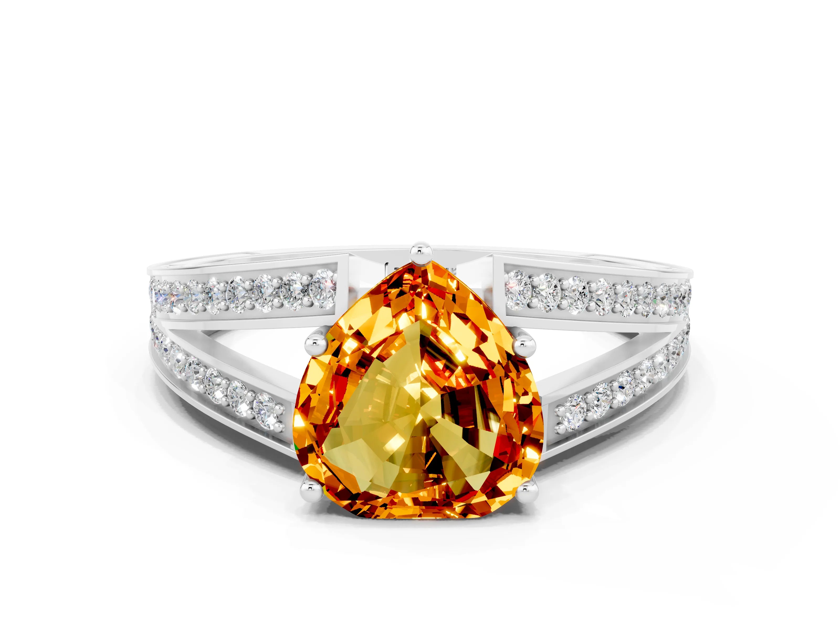 White gold Heart Cut Citrine Split Shank Ring with Pavé Band and Four-Prong Setting
