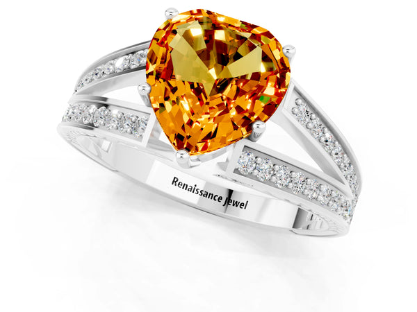 Platinum Heart Cut Citrine Split Shank Ring with Pavé Band and Four-Prong Setting