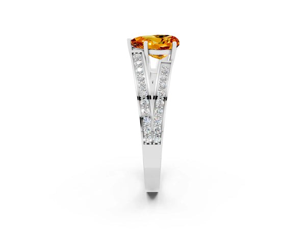 White gold Heart Cut Citrine Split Shank Ring with Pavé Band and Four-Prong Setting