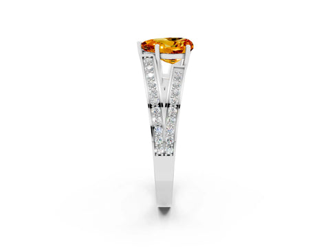 White gold Heart Cut Citrine Split Shank Ring with Pavé Band and Four-Prong Setting_2