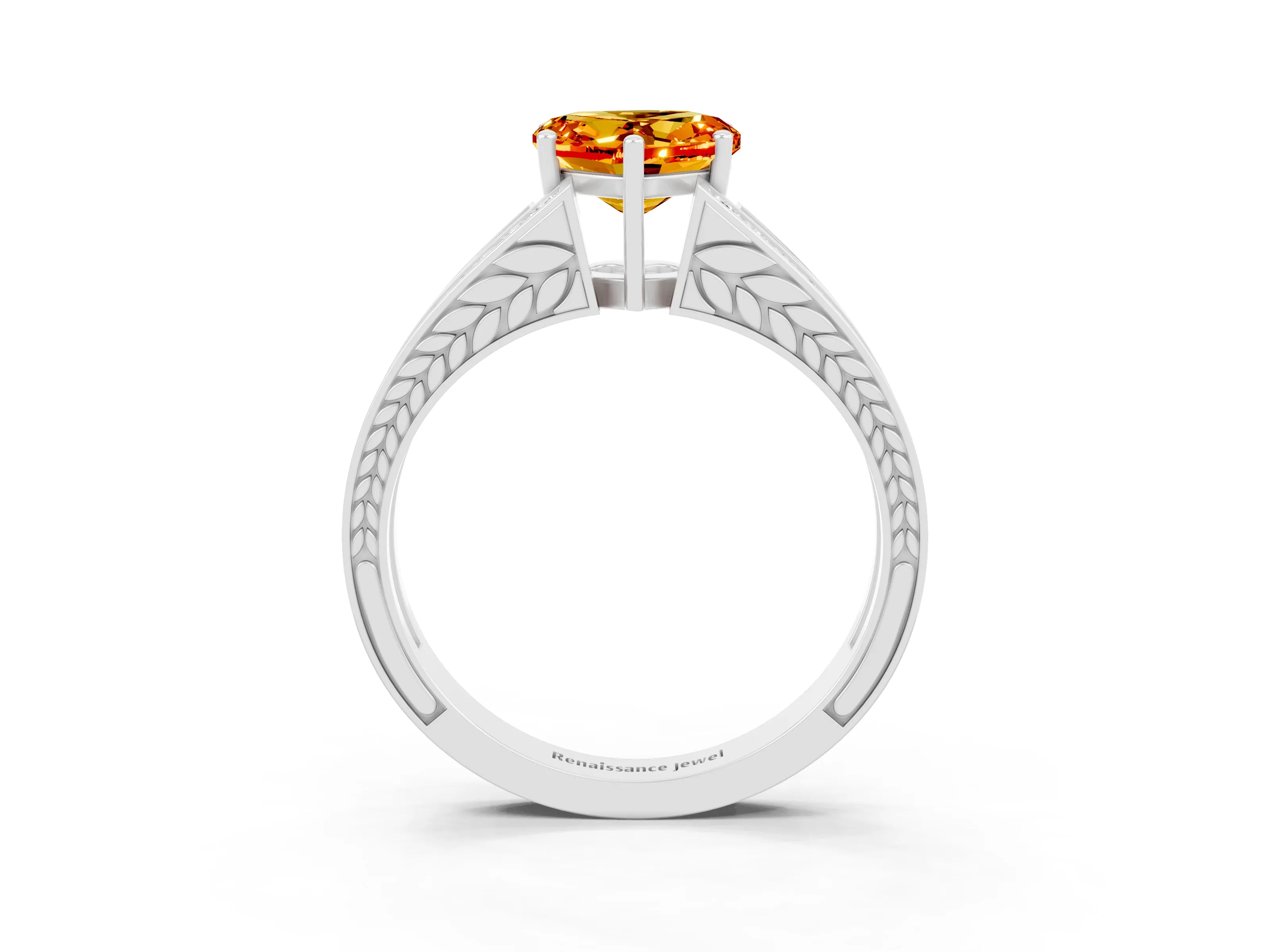 White gold Heart Cut Citrine Split Shank Ring with Pavé Band and Four-Prong Setting_3