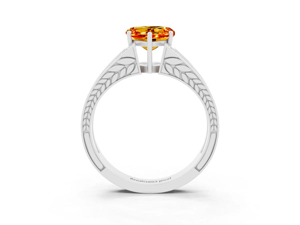 Platinum Heart Cut Citrine Split Shank Ring with Pavé Band and Four-Prong Setting