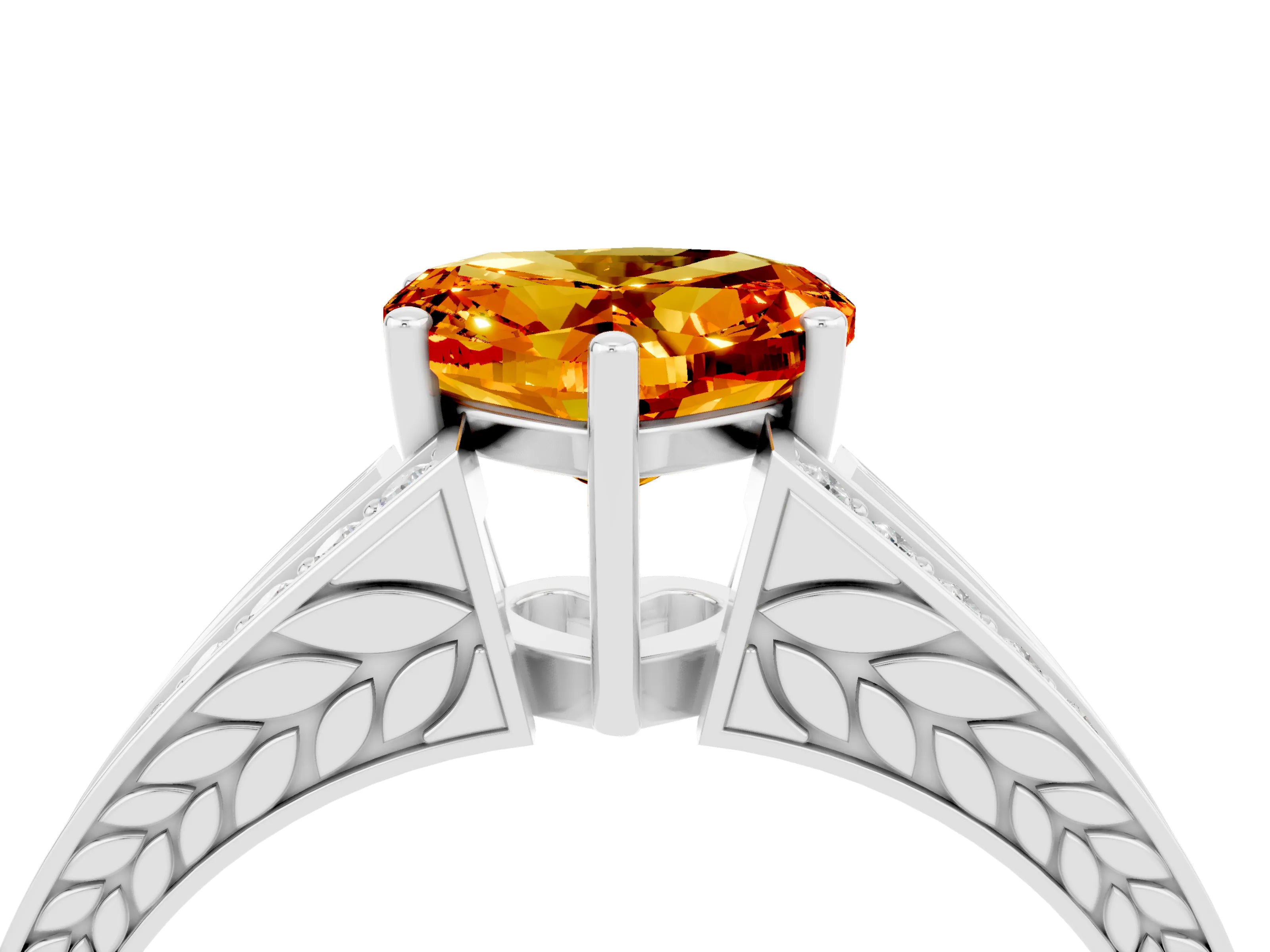 White gold Heart Cut Citrine Split Shank Ring with Pavé Band and Four-Prong Setting_4