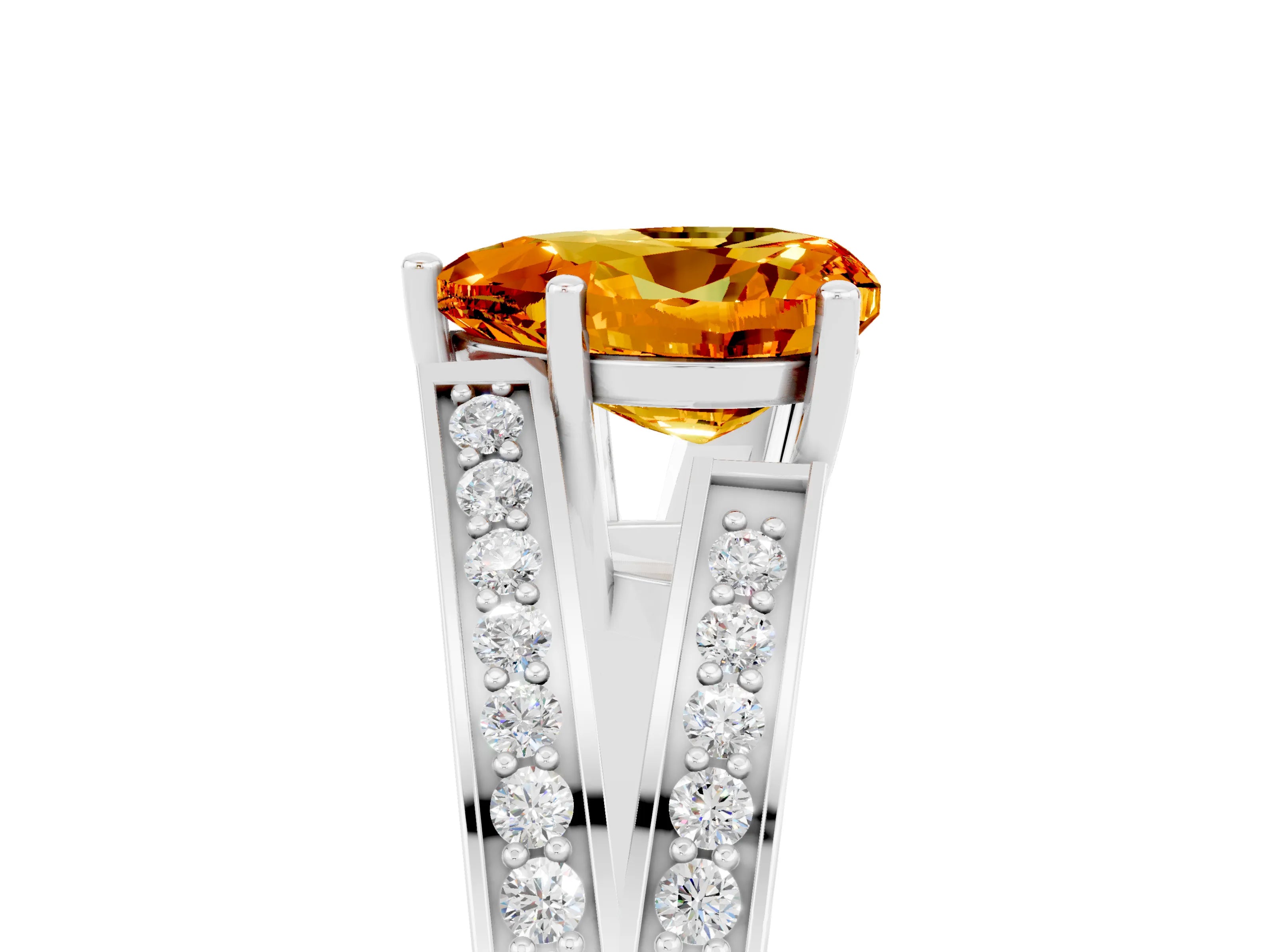 White gold Heart Cut Citrine Split Shank Ring with Pavé Band and Four-Prong Setting_5
