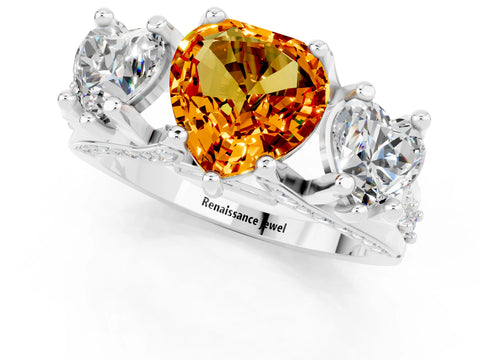 White gold Heart Cut Citrine Three-Stone Ring with Channel Set Band and Four-Prong Setting_1