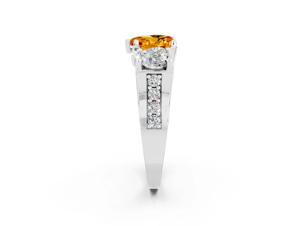 Silver Heart Cut Citrine Three-Stone Ring with Channel Set Band and Four-Prong Setting