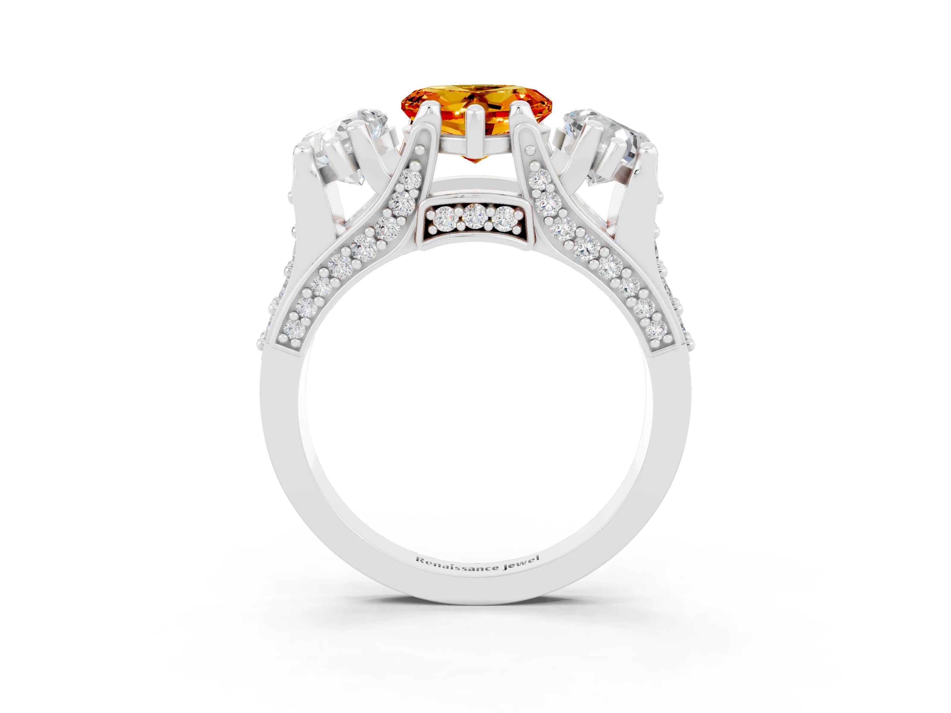 White gold Heart Cut Citrine Three-Stone Ring with Channel Set Band and Four-Prong Setting_3