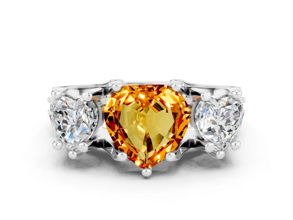 White gold Heart Cut Citrine Three-Stone Ring with Channel Set Band and Four-Prong Setting